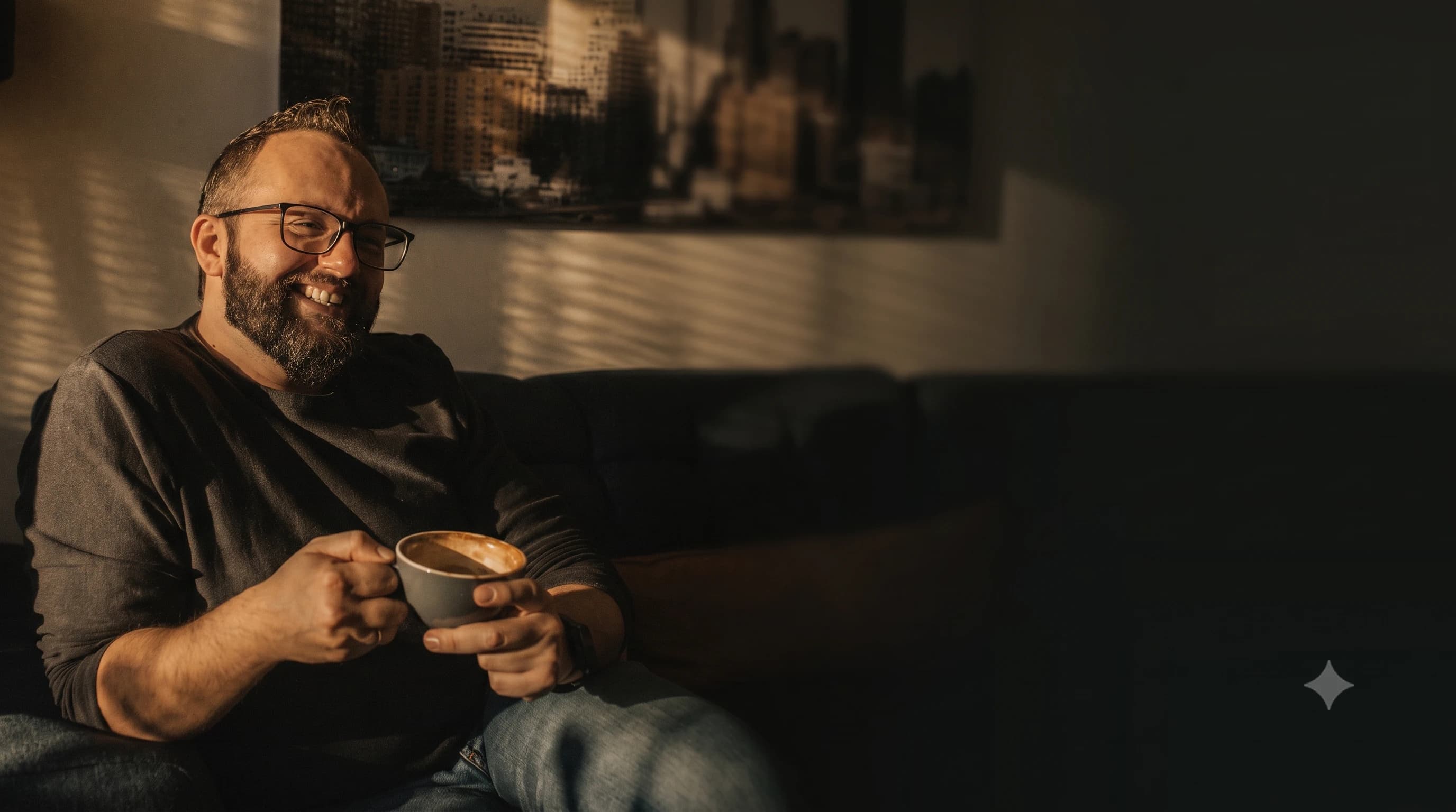 Un uomo sorride mentre beve un caffè a casa